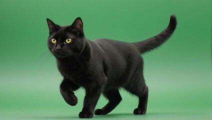 Elegant black cat with bright yellow eyes walking on a solid green background.