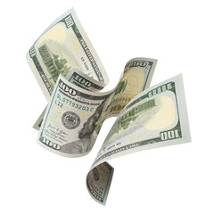 Flying hundred dollar banknotes, isolated on transparent cutout background