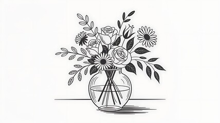 A beautiful minimalist black and white floral illustration in a clear glass vase