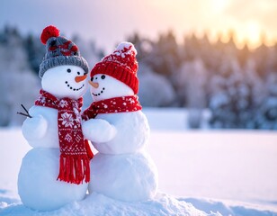 Two snowmen in winter landscape