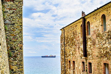 Views of the sea from Priamar Fortress, a military fortress located on the coastal hill of Savona, Italy