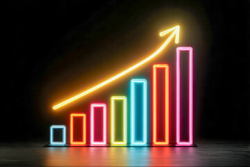 Neon glowing colorful bar chart with ascending arrow graph symbolizing growth and success on dark reflective surface background for business finance concept