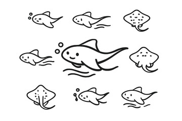 Fototapeta premium Cute cartoon fish and stingray collection with glowing outlines