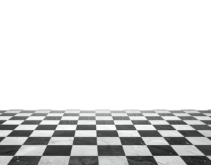 A grayscale checkered floor receding into a dark, empty space. Perspective view