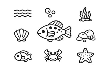 Fototapeta premium Cute Ocean Creatures and Elements - White Icons on Black Background