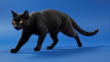 Elegant Bombay Cat Strutting on Blue Backdrop with Amber Eyes.