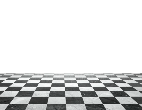 A grayscale checkered floor receding into a dark, empty space. Perspective view - Powered by Adobe