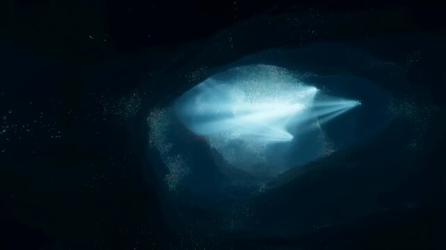 Dynamic light beam piercing through ethereal cavern in motion with particles