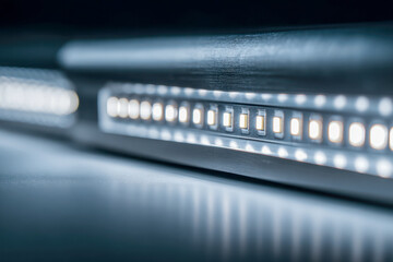 Modern led strip lighting showcasing bright, evenly spaced bulbs in a sleek, high-tech design with a cool blue and white glow reflecting on a smooth surface