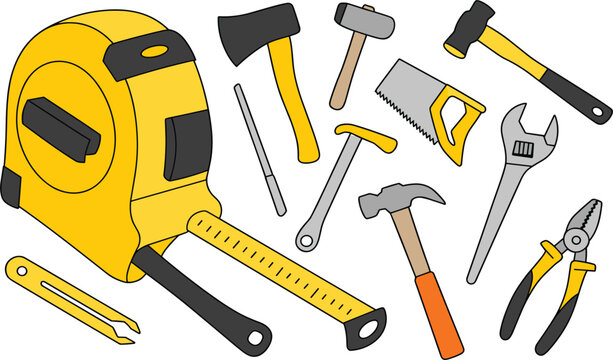 Construction hand tools vector set, collection of professional building equipment including tape measure, hammer, saw, and wrench