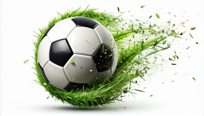 Soccer ball with grass fragments in motion, isolated on a white background.