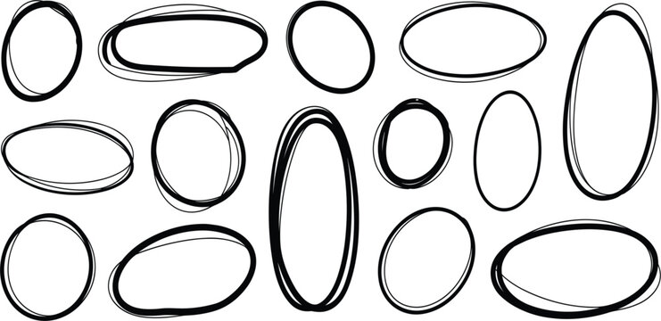 Hand drawn circle and oval frames vector set, collection of messy doodle highlighter rings and black ink oval borders