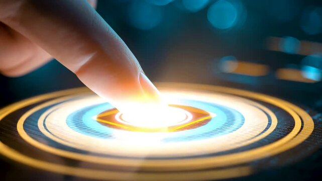 Human finger pressing a brightly illuminated circular digital interface with blue and orange rings