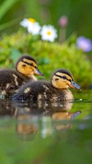 Two ducklings swimming in shallow water, surrounded by greenery and flowers