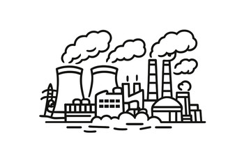 Obraz premium Factory with smoke stacks and cooling towers icon