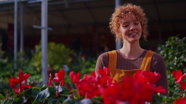 Florist woman admiring red cyclamen flowers in greenhouse