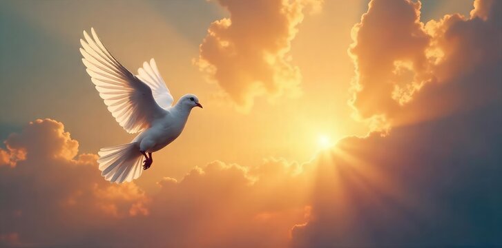 A symbolic image depicting Christian salvation; a single, white dove taking flight against a dramatic, sunrise sky, representing hope, peace, and spiritual freedom , blessing, freedom, flight
