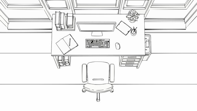 Top Down View of Modern Office Desk Setup with Computer and Chair.