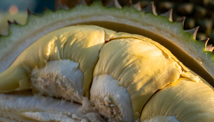 Fototapeta premium Close Up of Ripe Yellow Durian Fruit Flesh with Spiky Green Outer Shell Illuminated by Golden Sunlight Macro View of Creamy Texture