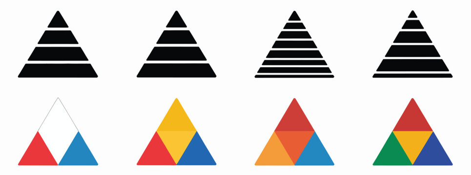 Triangular pyramid levels vector illustration showing color-coded pyramid chart, development stages infographic, business hierarchy, growth, and planning visualization.
