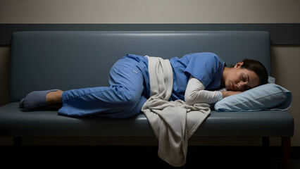 Fototapeta premium Exhausted Nurse Sleeping During On Call Shift in Hospital Representing Healthcare Sacrifice