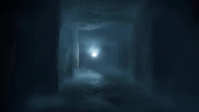 Mysterious foggy tunnel with glowing light advancing towards the viewer