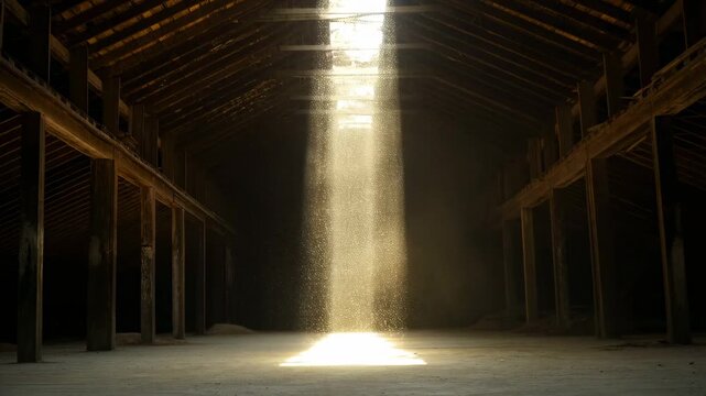 Sunbeam shining through barn roof creates dramatic dustfilled ambiance