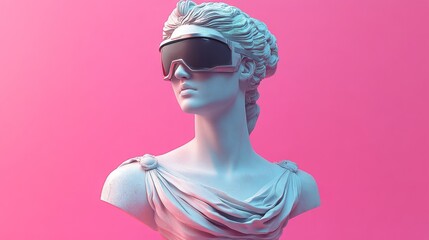 Classical female bust wearing futuristic VR goggles on a pink background. Ideal for tech news, gaming blogs, and digital art sites exploring the intersection of history, AI, and the metaverse.