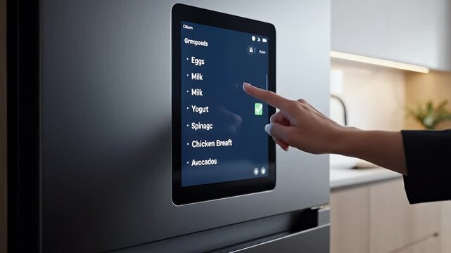 Modern smart refrigerator displays a grocery list with yogurt checked off showcasing innovative kitchen technology and connected home convenience for lifestyle marketing