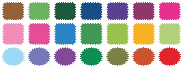 Geometric shapes design featuring scallop and zigzag borders, versatile blank templates for marketing, price tags, promotional materials, and vector design elements in circle and square forms.