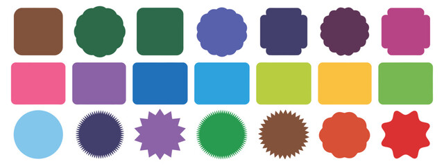 Geometric shapes design featuring scallop and zigzag borders, versatile blank templates for marketing, price tags, promotional materials, and vector design elements in circle and square forms.