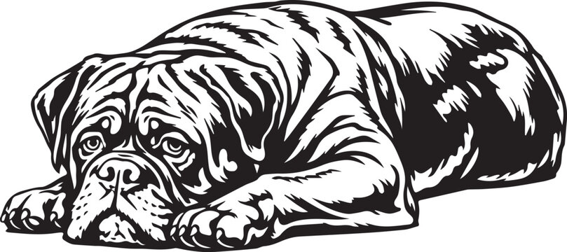 black and white illustration of a dogue de bordeaux