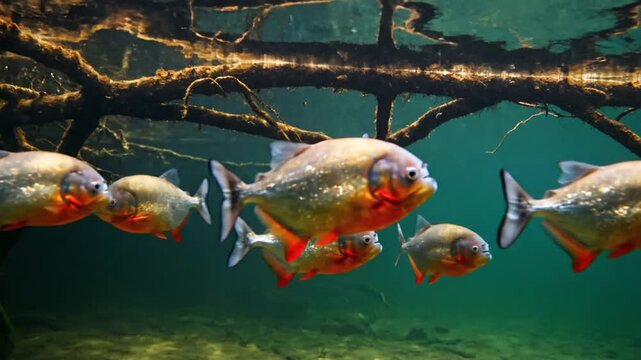 School of vibrant piranhas swimming underwater near sunlit tree branches