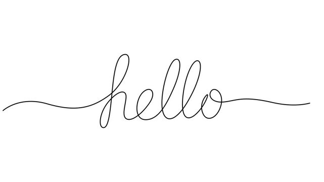 Self animated one continuous line drawing typography line art of hello word writing, hello animated continuous single one line art drawn animation phrase on white black background. hand drawing of pro