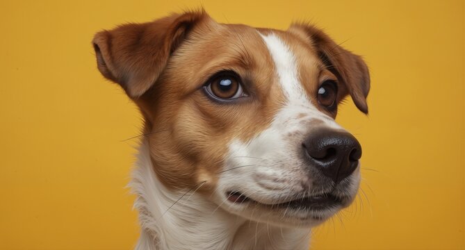 close-up portrait of a charming jack russell terrier with expressive brown eyes against a vibrant yellow background.