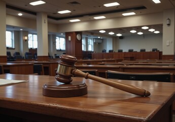 law and justice concept with a wooden gavel resting on a desk in an empty courtroom.