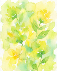 A painting of yellow flowers with green leaves. The flowers are in a field and the background is a bright yellow color