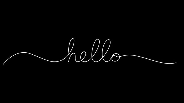 Self animated one continuous line drawing typography line art of hello word writing, hello animated continuous single one line art drawn animation phrase on white black background. hand drawing of pro