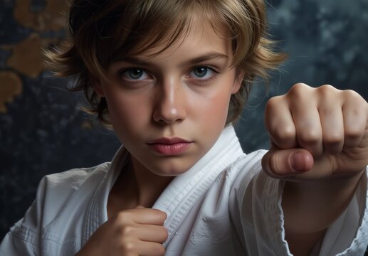 determined young martial artist in white uniform practices karate with focused expression.