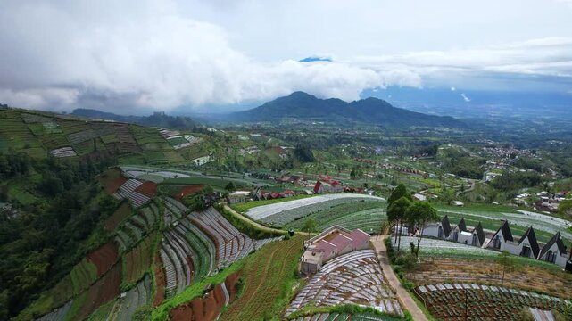 Aerial drone footage of a wide mountain valley, with wooden glamping villas, villages, and fertile vegetables agricultural fields on the edge of Sumbing volcano, in Bangli, Java island, Indonesia