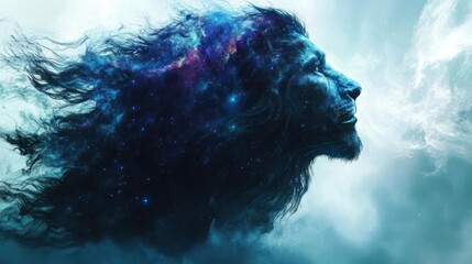 Majestic Lion Head Dissolving into Cosmic Nebula Against A Misty Sky With Stars And Galaxies