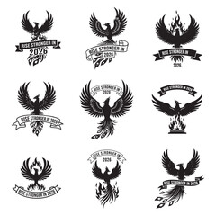 Motivational Rising Phoenix Line Art Black White Detailed Feathers