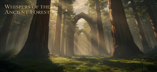Mystical light rays illuminate a path through a dense ancient forest