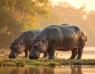Two hippos grazing near a river at dawn