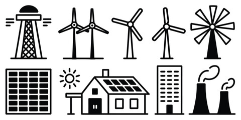 renewable energy and industrial icons in black outline style, wind turbine and solar panel symbols for sustainability, green technology, power generation, eco industry, and modern vector design.