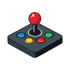A classic joystick controller with buttons in primary colors