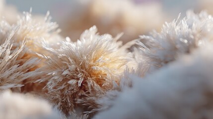 Abstract plumes of light beige feathery pampas grass texture, soft bokeh