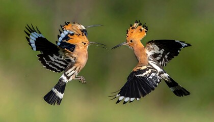 Two Hoopoe birds in flight, facing each other