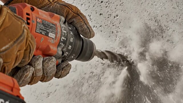 Close up of power drill drilling into concrete wall construction and repair activities