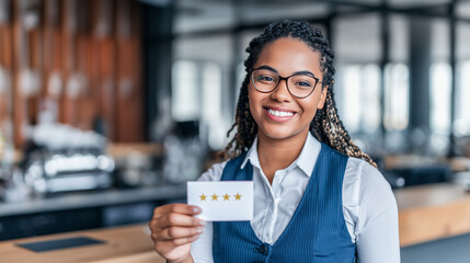 Young Black Female Hotel Receptionist with Cornrows Holding Card with Four Gold Stars, Hospitality Rating and Customer Service Concept, African American Woman.